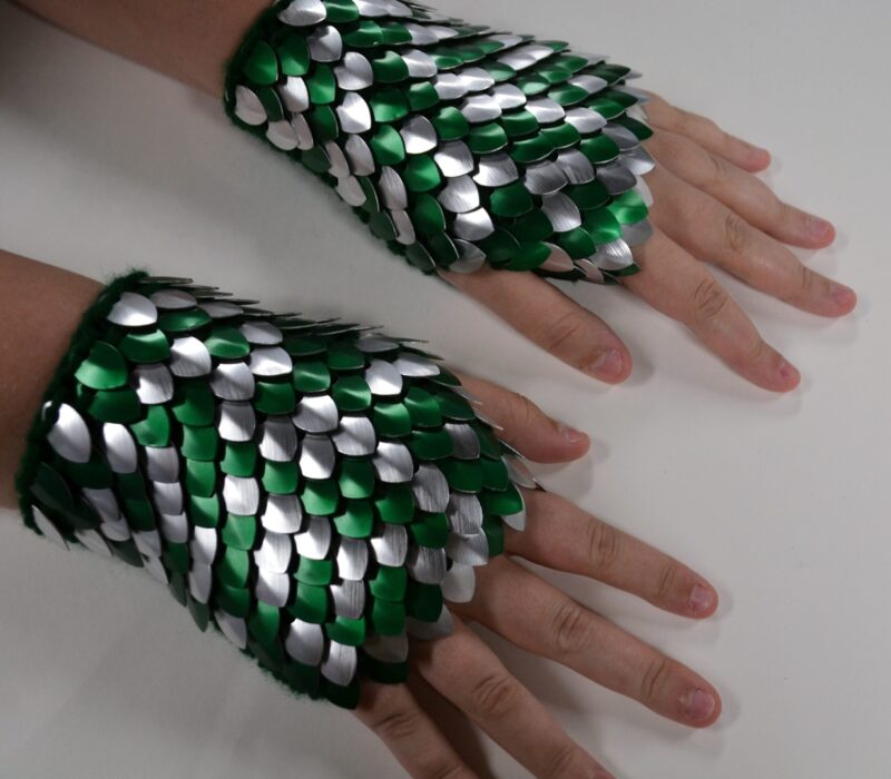 Green and silver knitted dragonhide gauntlets