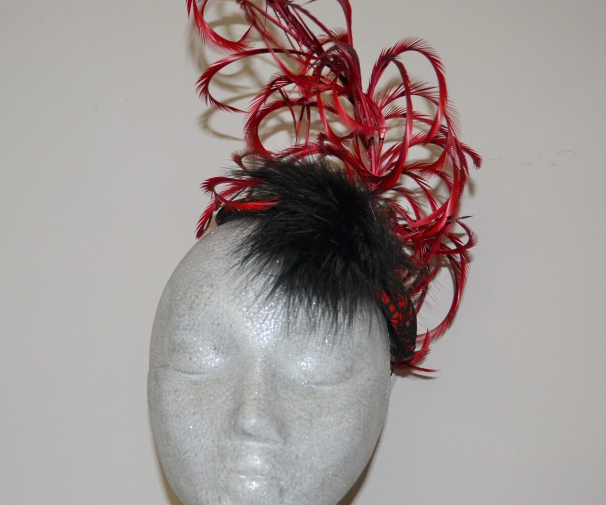 A black and red fascinator with red feathers curling up out of the top